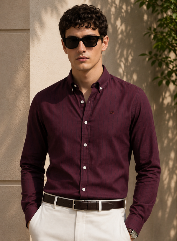 ADRO Men's Maroon Striped Cotton Casual Shirt