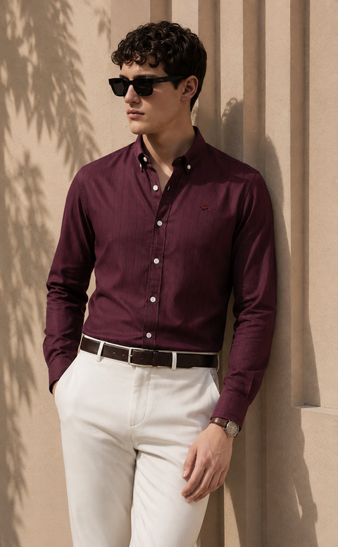ADRO Men's Maroon Striped Cotton Casual Shirt