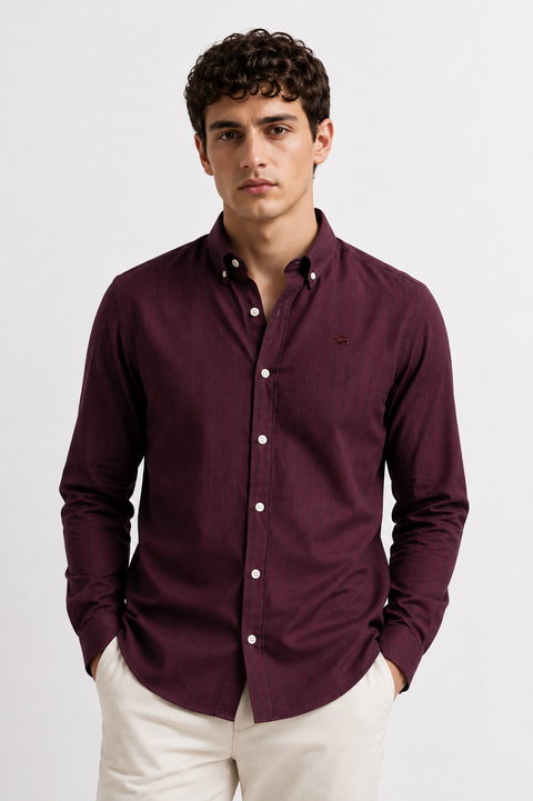 ADRO Men's Maroon Striped Cotton Casual Shirt