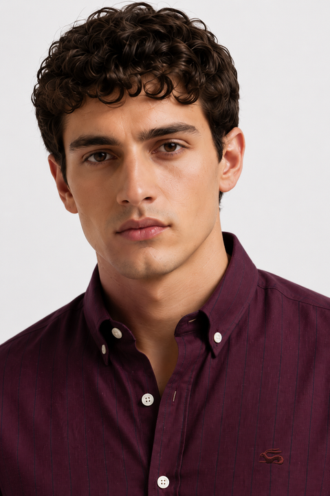 ADRO Men's Maroon Striped Cotton Casual Shirt
