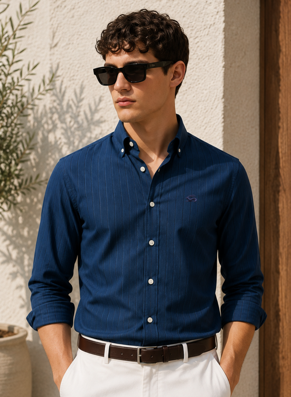 ADRO Men's Navy Blue Striped Cotton Casual Shirt