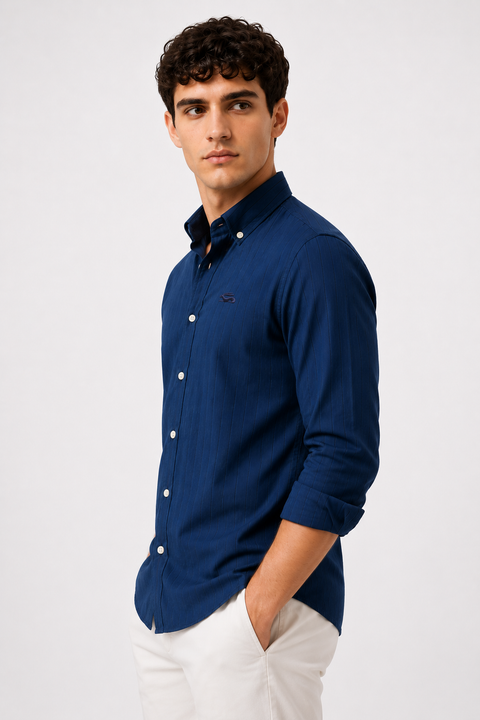 ADRO Men's Navy Blue Striped Cotton Casual Shirt