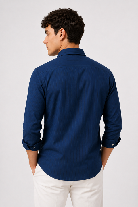 ADRO Men's Navy Blue Striped Cotton Casual Shirt