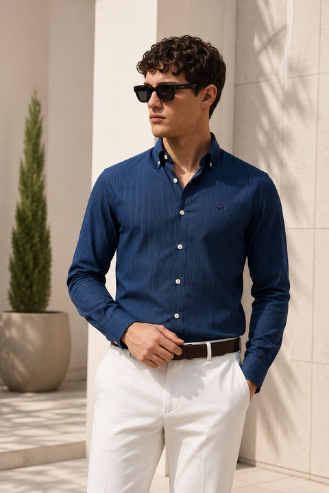 ADRO Men's Navy Blue Striped Cotton Casual Shirt