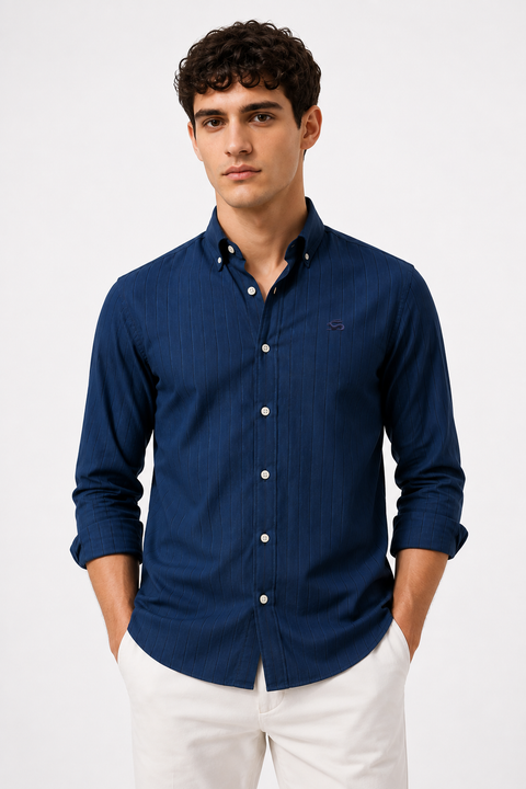 ADRO Men's Navy Blue Striped Cotton Casual Shirt