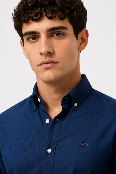 ADRO Men's Navy Blue Striped Cotton Casual Shirt