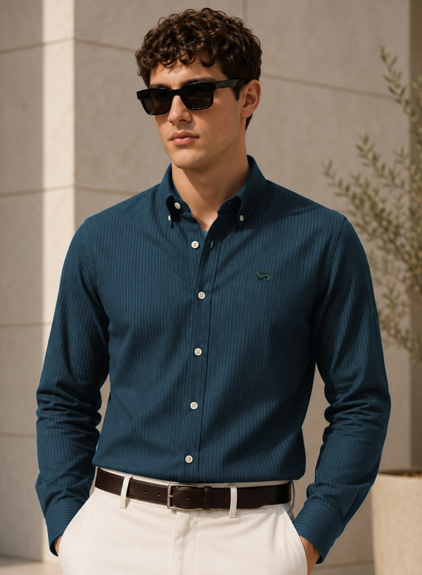 ADRO Men's Teal Blue Striped Cotton Casual Shirt