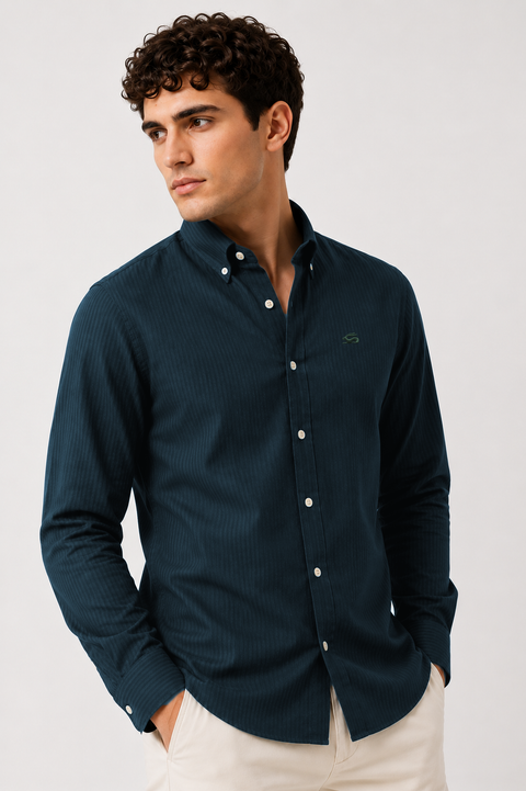 ADRO Men's Teal Blue Striped Cotton Casual Shirt