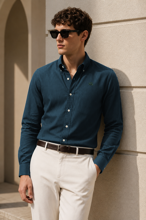ADRO Men's Teal Blue Striped Cotton Casual Shirt