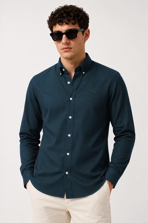ADRO Men's Teal Blue Striped Cotton Casual Shirt