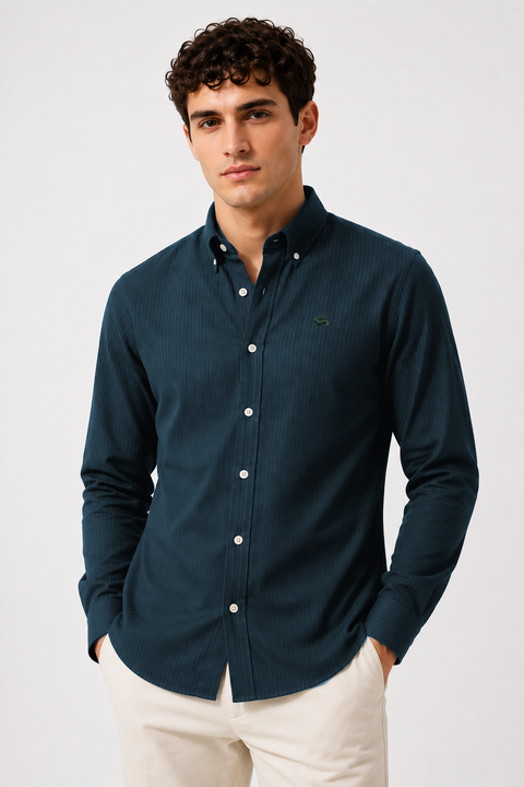 ADRO Men's Teal Blue Striped Cotton Casual Shirt