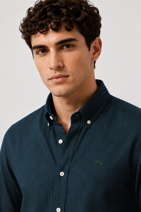 ADRO Men's Teal Blue Striped Cotton Casual Shirt