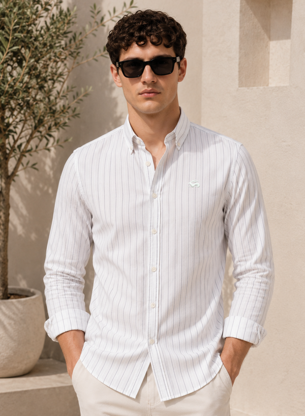 ADRO Men's White Striped Cotton Casual Shirt