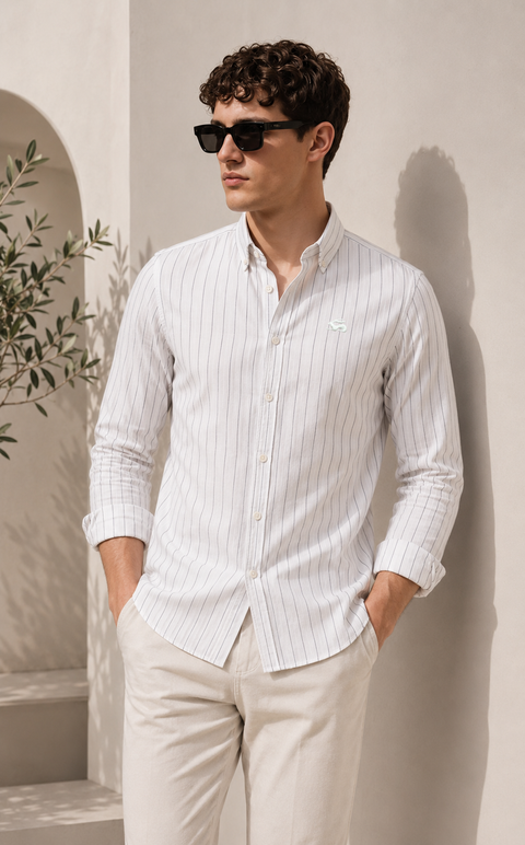 ADRO Men's White Striped Cotton Casual Shirt