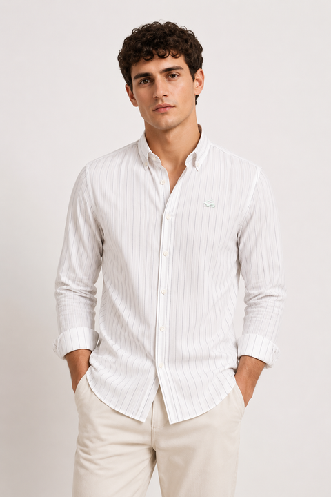 ADRO Men's White Striped Cotton Casual Shirt