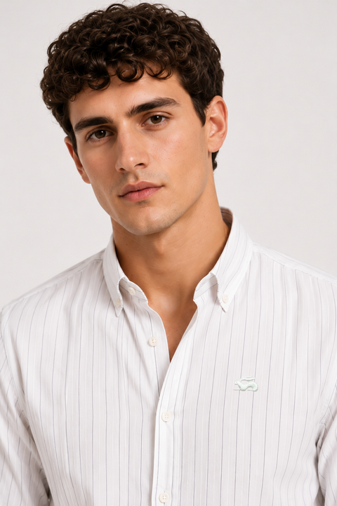 ADRO Men's White Striped Cotton Casual Shirt