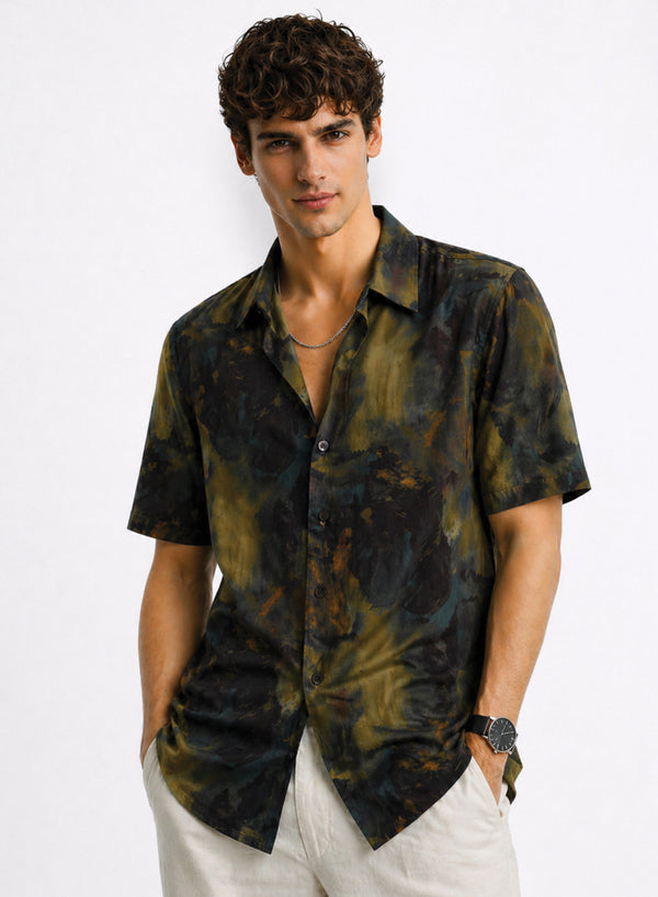 Adro Olive Eclipse Abstract Resort Loose Fit Shirt