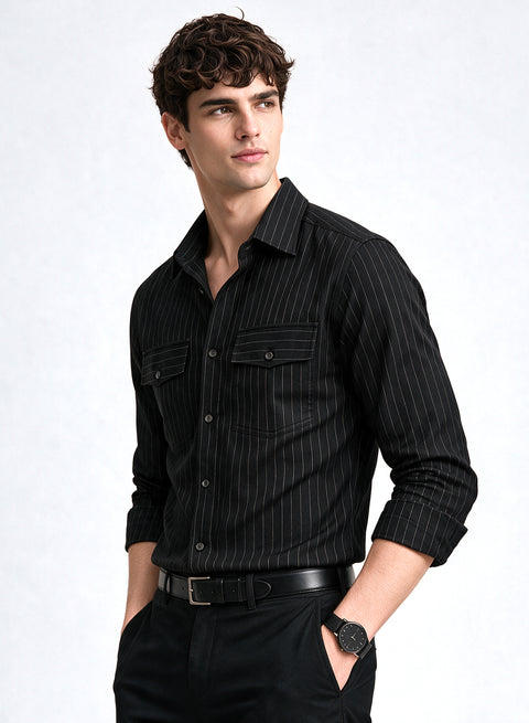 ADRO Men's Tonal Pinstripe Double Pocket Casual Shirt