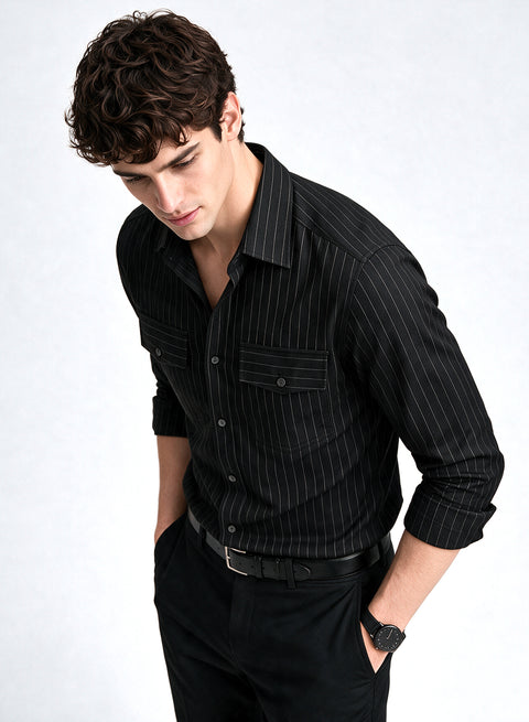 ADRO Men's Tonal Pinstripe Double Pocket Casual Shirt