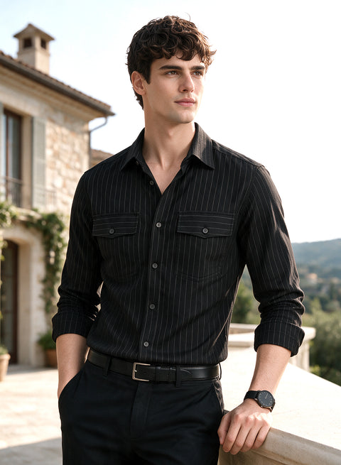 ADRO Men's Tonal Pinstripe Double Pocket Casual Shirt