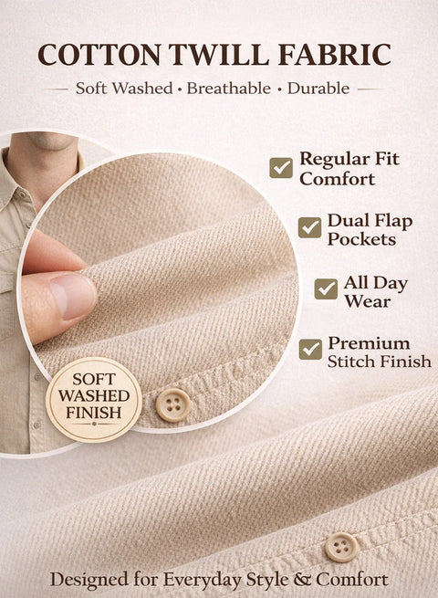 ADRO Mens Beige Cotton Casual Shirts – Regular Fit, Dual Flap Pocket, Soft Washed Fabric, Full Sleeve Solid Shirt for Men