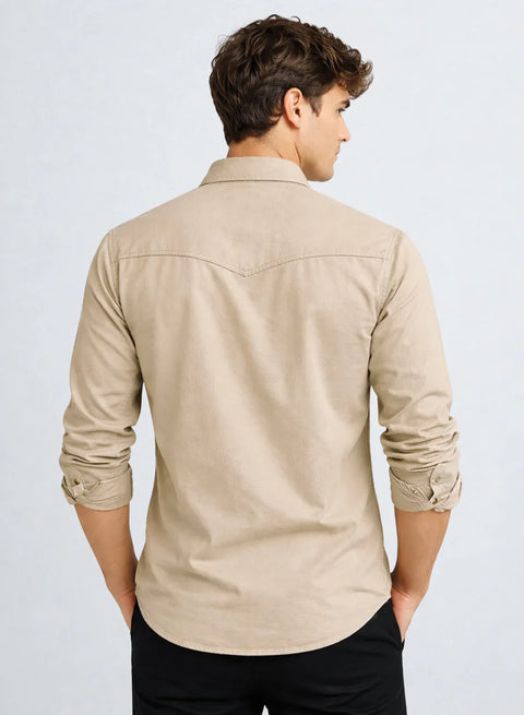 ADRO Mens Beige Cotton Casual Shirts – Regular Fit, Dual Flap Pocket, Soft Washed Fabric, Full Sleeve Solid Shirt for Men