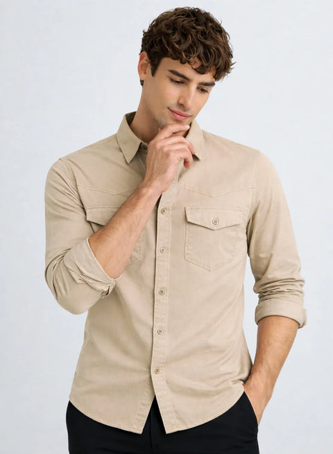 ADRO Mens Beige Cotton Casual Shirts – Regular Fit, Dual Flap Pocket, Soft Washed Fabric, Full Sleeve Solid Shirt for Men