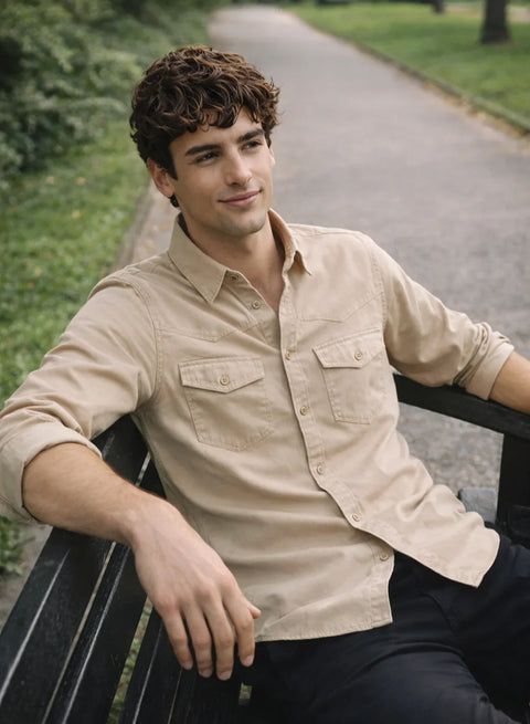 ADRO Mens Beige Cotton Casual Shirts – Regular Fit, Dual Flap Pocket, Soft Washed Fabric, Full Sleeve Solid Shirt for Men