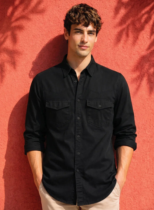 ADRO Mens Black Cotton Casual Shirts – Regular Fit, Dual Flap Pocket, Soft Washed Fabric, Full Sleeve Solid Shirt for Men