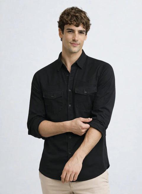 ADRO Mens Black Cotton Casual Shirts – Regular Fit, Dual Flap Pocket, Soft Washed Fabric, Full Sleeve Solid Shirt for Men