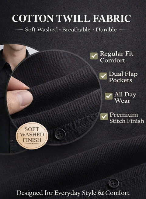 ADRO Mens Black Cotton Casual Shirts – Regular Fit, Dual Flap Pocket, Soft Washed Fabric, Full Sleeve Solid Shirt for Men