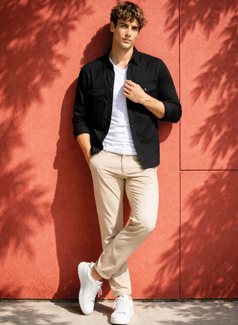 ADRO Mens Black Cotton Casual Shirts – Regular Fit, Dual Flap Pocket, Soft Washed Fabric, Full Sleeve Solid Shirt for Men