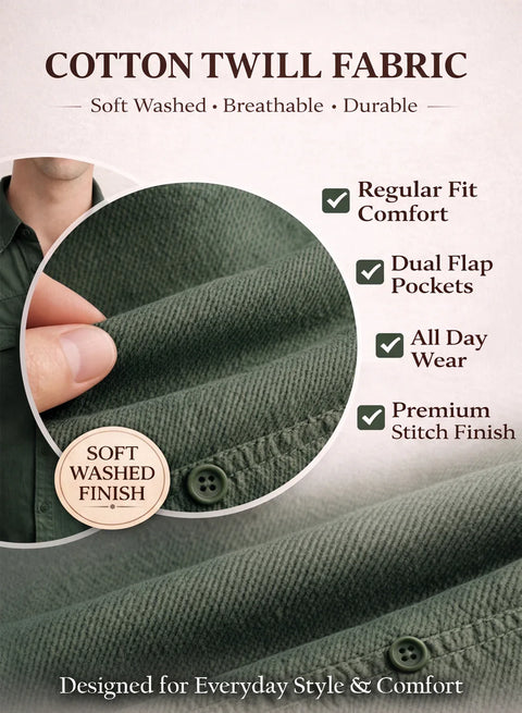 ADRO Mens Green Cotton Casual Shirts – Regular Fit, Dual Flap Pocket, Soft Washed Fabric, Full Sleeve Solid Shirt for Men