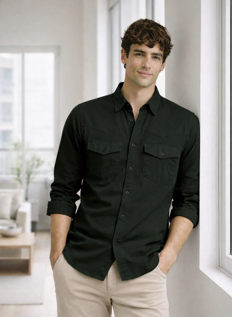 ADRO Mens Green Cotton Casual Shirts – Regular Fit, Dual Flap Pocket, Soft Washed Fabric, Full Sleeve Solid Shirt for Men