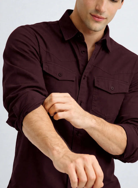 ADRO Mens Maroon Cotton Casual Shirts – Regular Fit, Dual Flap Pocket, Soft Washed Fabric, Full Sleeve Solid Shirt for Men