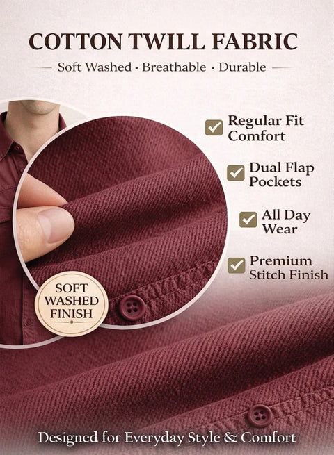 ADRO Mens Maroon Cotton Casual Shirts – Regular Fit, Dual Flap Pocket, Soft Washed Fabric, Full Sleeve Solid Shirt for Men