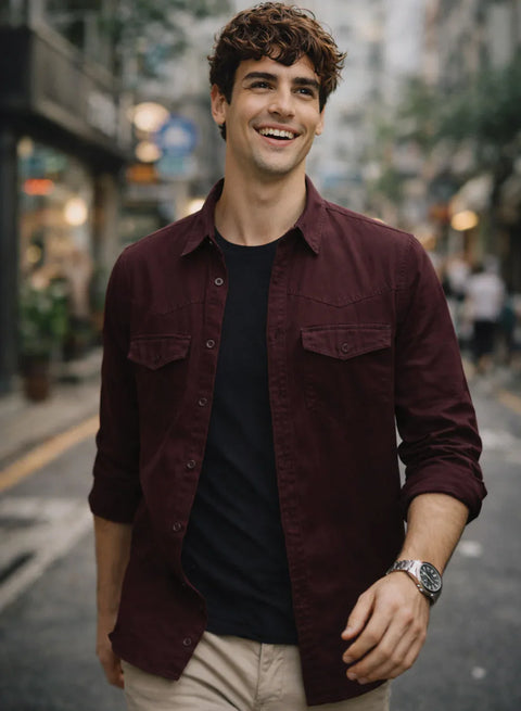 ADRO Mens Maroon Cotton Casual Shirts – Regular Fit, Dual Flap Pocket, Soft Washed Fabric, Full Sleeve Solid Shirt for Men