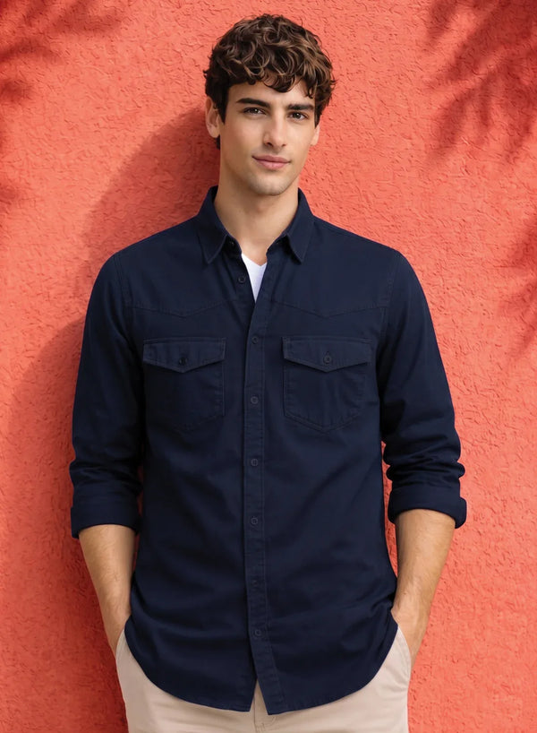 ADRO Mens Navy Cotton Casual Shirts – Regular Fit, Dual Flap Pocket, Soft Washed Fabric, Full Sleeve Solid Shirt for Men