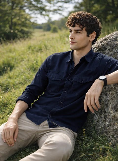 ADRO Mens Navy Cotton Casual Shirts – Regular Fit, Dual Flap Pocket, Soft Washed Fabric, Full Sleeve Solid Shirt for Men