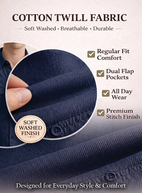 ADRO Mens Navy Cotton Casual Shirts – Regular Fit, Dual Flap Pocket, Soft Washed Fabric, Full Sleeve Solid Shirt for Men