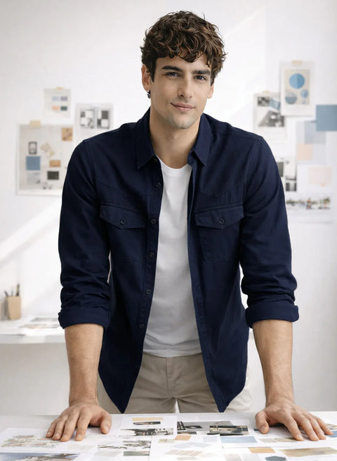 ADRO Mens Navy Cotton Casual Shirts – Regular Fit, Dual Flap Pocket, Soft Washed Fabric, Full Sleeve Solid Shirt for Men