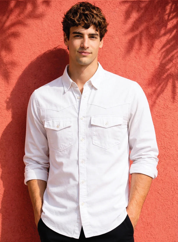 ADRO Mens White Cotton Casual Shirts – Regular Fit, Dual Flap Pocket, Soft Washed Fabric, Full Sleeve Solid Shirt for Men
