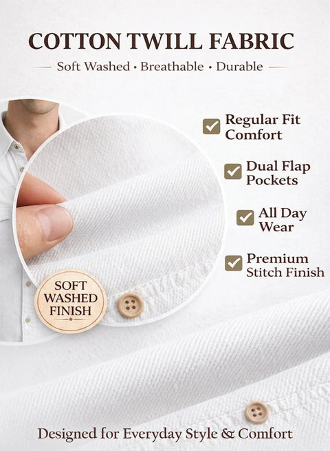 ADRO Mens White Cotton Casual Shirts – Regular Fit, Dual Flap Pocket, Soft Washed Fabric, Full Sleeve Solid Shirt for Men