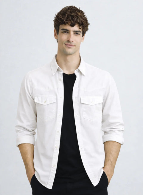 ADRO Mens White Cotton Casual Shirts – Regular Fit, Dual Flap Pocket, Soft Washed Fabric, Full Sleeve Solid Shirt for Men