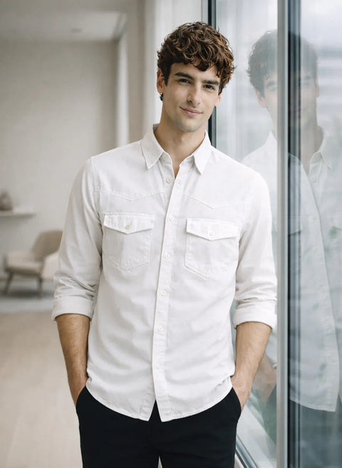 ADRO Mens White Cotton Casual Shirts – Regular Fit, Dual Flap Pocket, Soft Washed Fabric, Full Sleeve Solid Shirt for Men