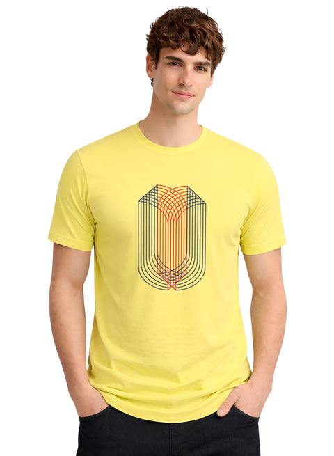 ADRO Mens Dual Arc Monogram Printed T-Shirt for Men | Cotton Printed Tshirt | Regular Fit Casual T-Shirts | Summer Tshirts Light Yellow