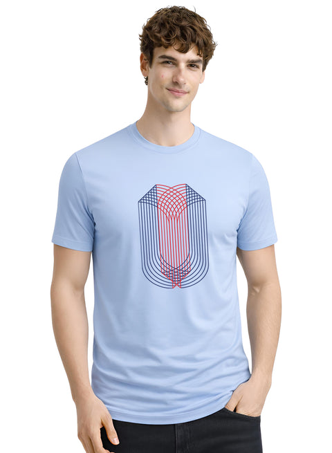 ADRO Mens Dual Arc Monogram Printed T-Shirt for Men | Cotton Printed Tshirt | Regular Fit Casual T-Shirts | Summer Tshirts Sky Blue