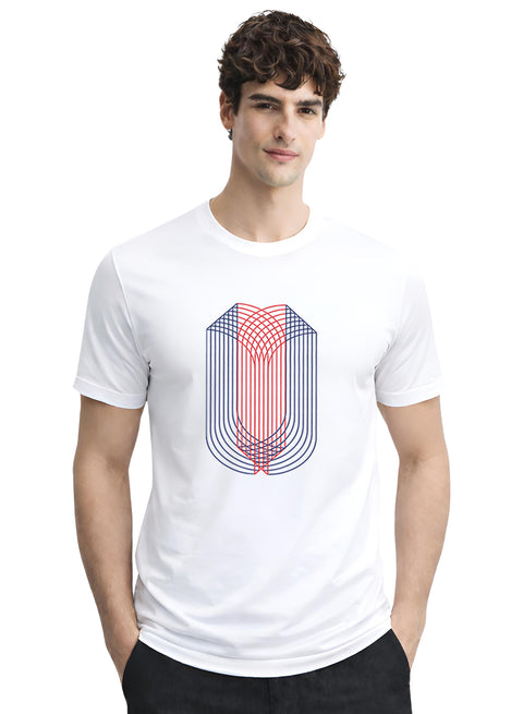 ADRO Mens Dual Arc Monogram Printed T-Shirt for Men | Cotton Printed Tshirt | Regular Fit Casual T-Shirts | Summer Tshirts White