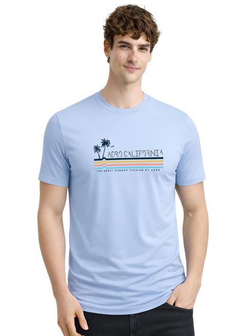 Adro Mens California Graphic T-Shirt | Retro Stripe Print Cotton Summer Tshirt | Stylish Beach T shirt | Comfortable Graphic Tee Sky Blue