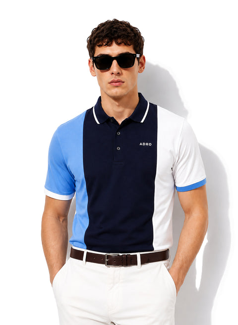 Adro Multicolour Polo T Shirt | 100% Cotton Mens Polo Tshirt | Regular Fit Half Sleeve Cut & Sew Polo T-shirt for men  | Ocean Streak